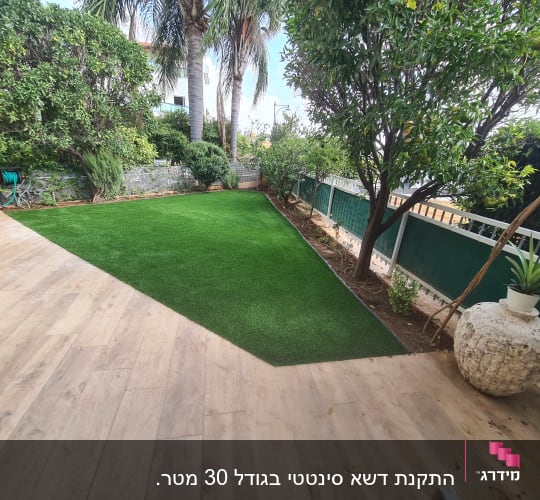 דשא סינתטי, עצים, צינור השקיה, עציץ על אבן